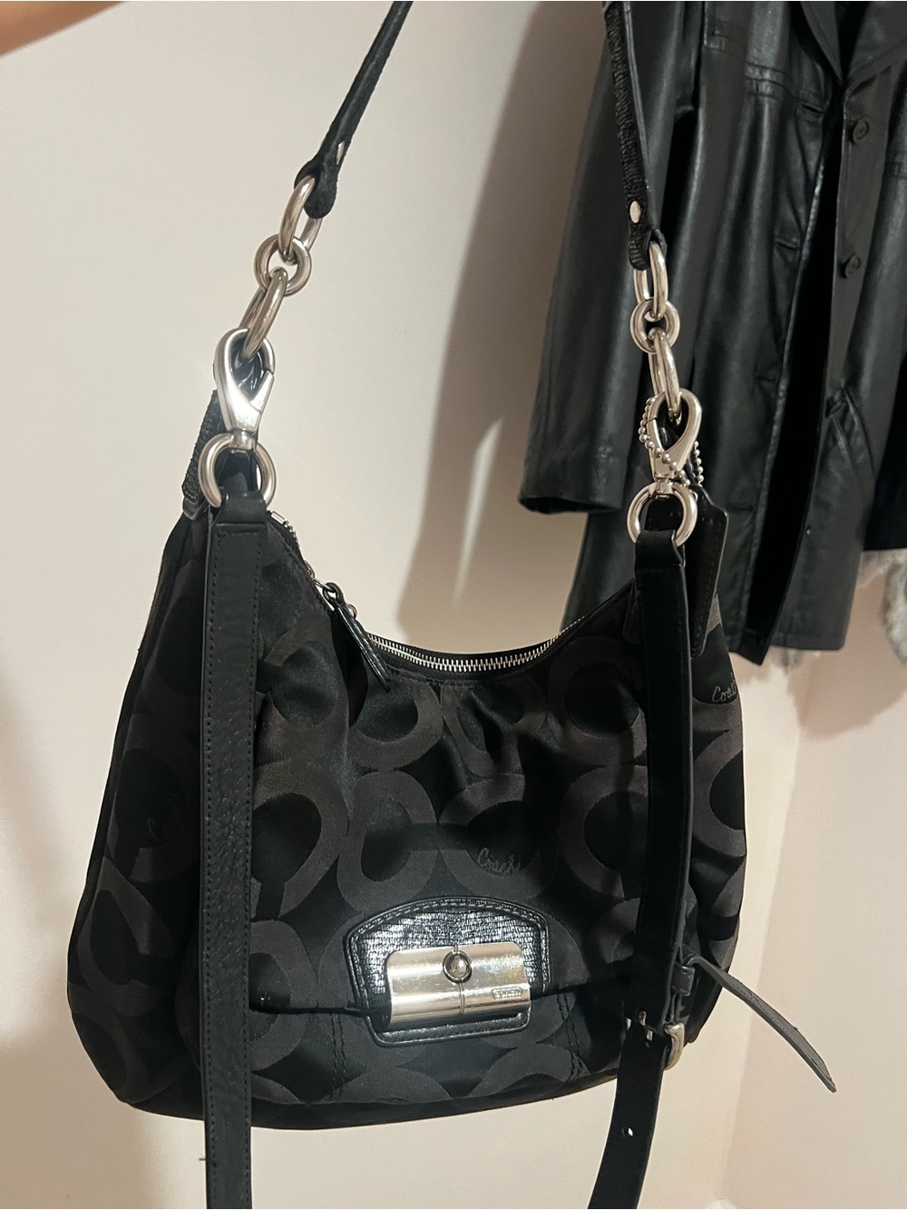 Coach Black Signature Shoulder Hobo with Silver Hardware